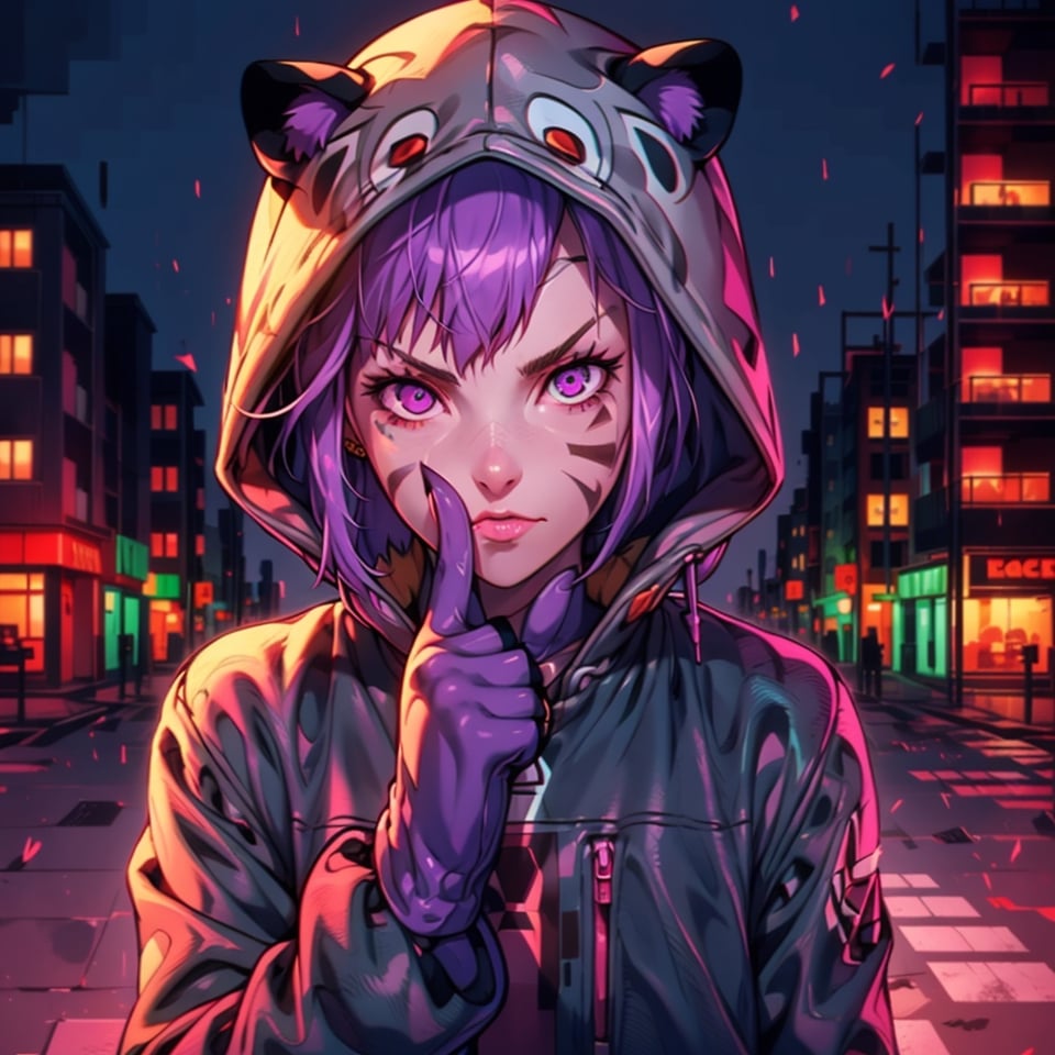 mater piece, beautiful girl in an abandoned town, red_panda, paw_gloves, Fur_boots, animal_marking, face_paint, chocolate_hair, violet_eyes, furry_jacket,yofukashi background, zombies,hinata,1990s \(style\),kusanagi motoko,city