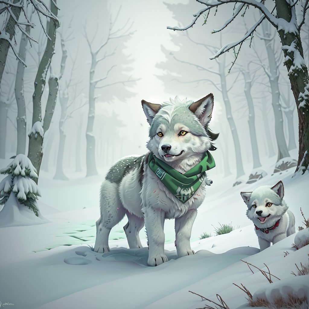 A small, trembling wolf pup with shaggy fur the color of sage green, lost in a foggy and haunted snow covered forest. Its eyes dart around nervously, searching for a way out. Suddenly, it spots a graveyard in the distance, sending shivers down its spine. The pup clutches onto its old, tattered green neck bandana for comfort, but it knows it's in for a spooky adventure.