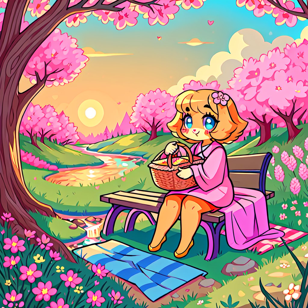 Solo_female,1930s (style), kawaii, outdoor, high_resolution, digital_art,|,a flowery field on a cool spring afternoon next to a brook| old blankets, bench, picnic, ruck_sack, basket, sack|,vectorstyle