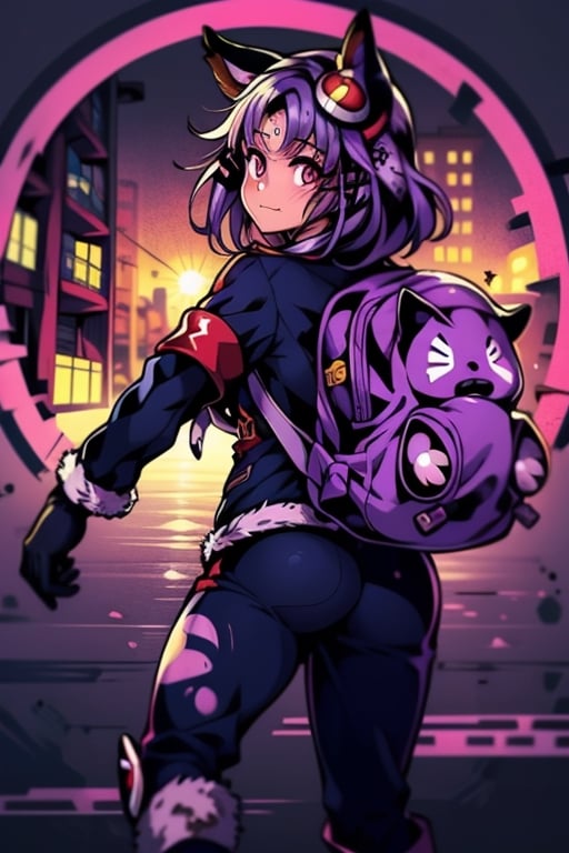 mater piece, beautiful girl in an abandoned zombie filled city, red_panda, paw_gloves, Fur_boots, animal_marking, face_paint, chocolate_hair, violet_eyes, furry_jacket,yofukashi background, zombies,hinata,1990s \(style\),kusanagi motoko,city,chundef, action_pose, battle_stance, back_pack,running,teenage , ripped_clothing, bloody_clothes, sweatpants,Circle