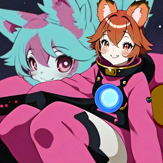 An adorable and silly female anime girl red panda in a space suite with pink hair and purple and a sci-fi brass fantastical telescope, cute, storybook illustration, white background, diesel punk.