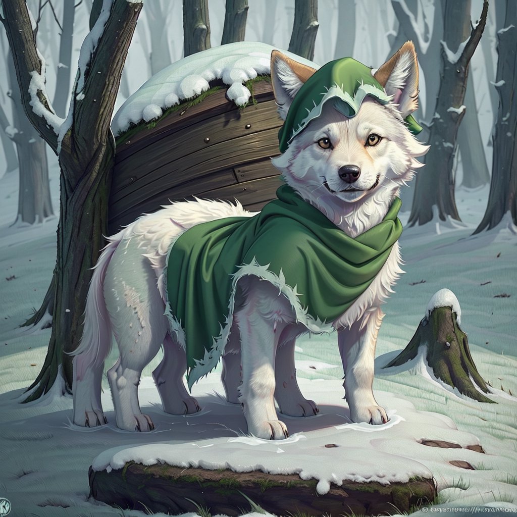 A small, trembling wolf pup with shaggy fur the color of sage green, lost in a foggy and haunted snow covered forest. Its eyes dart around nervously, searching for a way out. Suddenly, it spots a graveyard in the distance, sending shivers down its spine. The pup clutches onto its old, tattered green neck bandana for comfort, but it knows it's in for a spooky adventure.