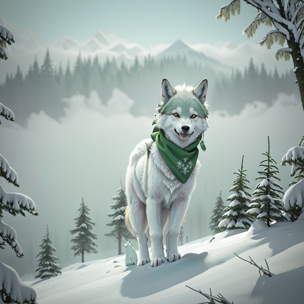 A small, trembling wolf pup with shaggy fur the color of sage green, lost in a foggy and haunted snow covered forest. Its eyes dart around nervously, searching for a way out. Suddenly, it spots a graveyard in the distance, sending shivers down its spine. The pup clutches onto its old, tattered green neck bandana for comfort, but it knows it's in for a spooky adventure.