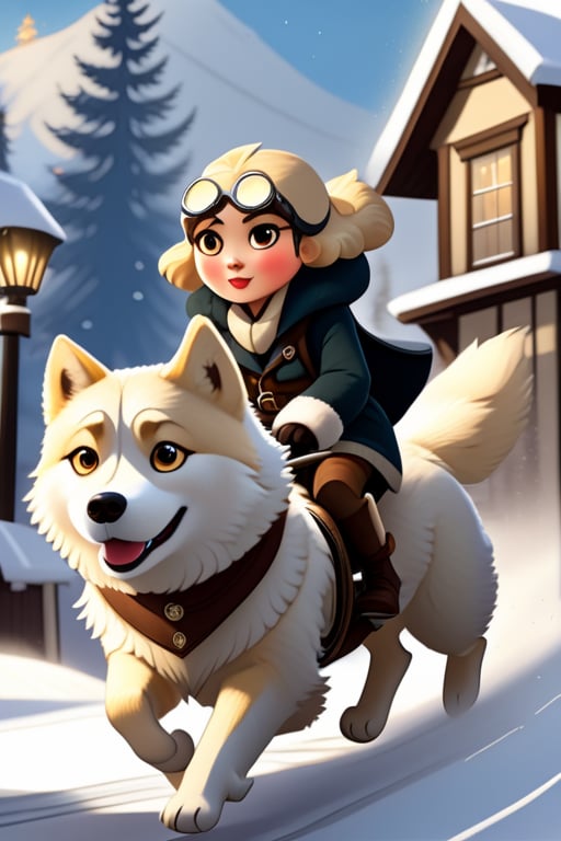 1930s (style), kawaii, chibi, Prompt details
In a snow-covered mountain town in 1920s Oregon, a mysterious and dark atmosphere envelops the scene. The wheelchair-bound Inuit witch girl, wearing aviation goggles, is being pulled through the town by a cuddly white golden retriever, their figures barely visible in the dim light. Strategically positioned in the composition, silhouettes of owls and wolves create a sense of movement and anticipation. Experimenting with different levels of motion blur, the creatures appear to glide through the air or swiftly traverse the shadows. Subtle streaks and blurs of falling snowflakes add a dynamic and immersive effect, while the whirling wind takes on a more intense and dramatic appearance. The steampunk-inspired architecture serves as a backdrop, enhancing the enigmatic allure of the scene. This captivating and atmospheric artwork blends elements of mystery, darkness, steampunk, and the natural world, creating a spellbinding tableau.