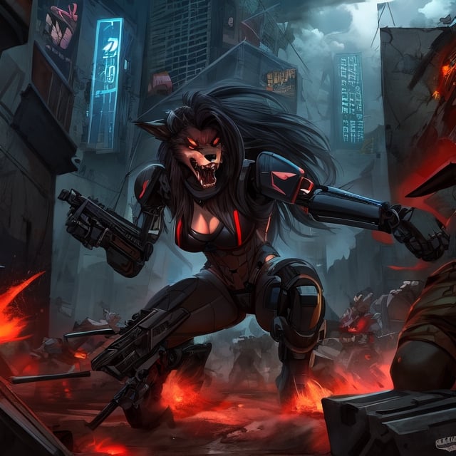 Robotic Werewolves battling a army of cyborg zombies in a deserted city, Cyborg, lycanthrope, long_hair, furry, animal_tail, anthro, zombies, surprise, fangs,sex robot,motoko2045wz, shotgun, warzone, werewolf 