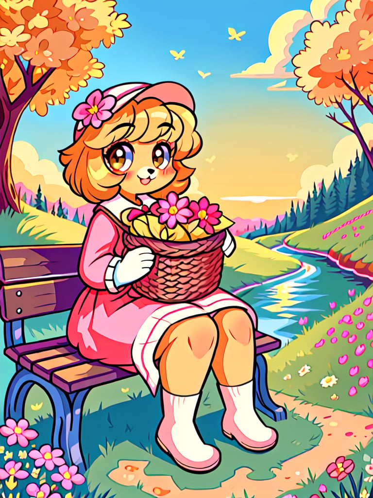 Solo_female,1930s (style), kawaii, outdoor, high_resolution, digital_art,|,a flowery field on a cool summer afternoon next to a brook| old blankets, bench, picnic, ruck_sack, basket, sack|,vectorstyle