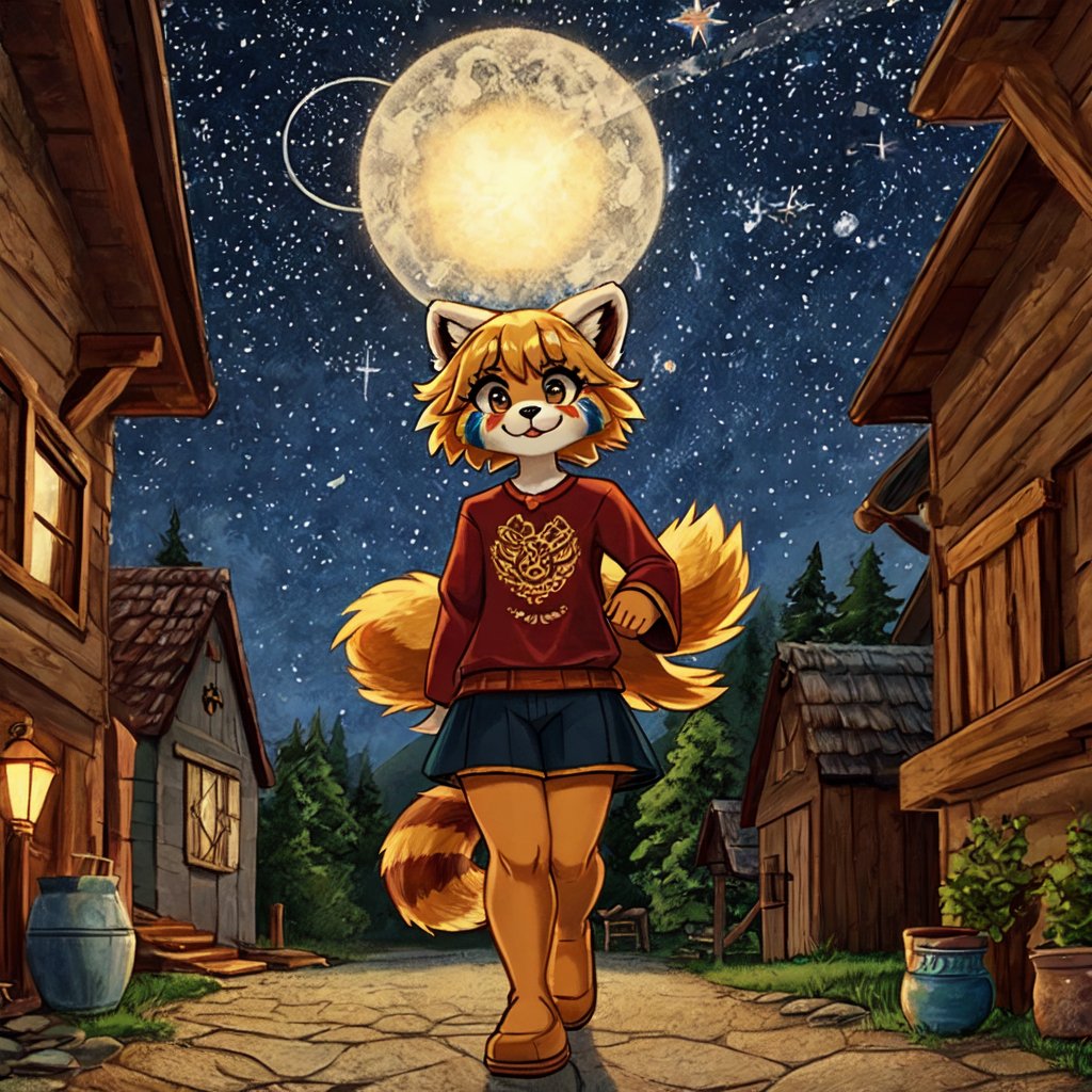 1930s (style), kawaii, a full-body portrait of an anthropomorphic male golden retriever with red panda fur markings fursuit, with glowing celestial constellation face tattoos wearing a bohemian-style outfit, with a mix of Yakut and Sami symbolism embroidered on his shirt, surrounded by the rustic beauty of a Welsh village, complex lighting and shadows,FFIXBG