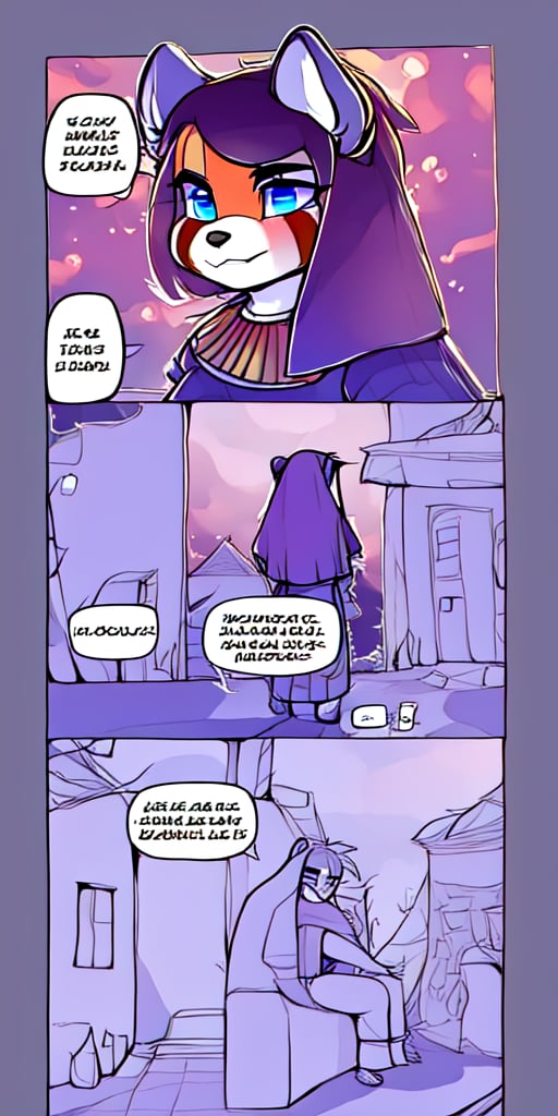 (A girl lost in a Sami-Egyptian slum running for Jackal guards) a Sami-Egyptian mountain village, nestled in the cliffs, and traditional lanterns, with a peaceful and isolated atmosphere,1 page manga,  sexy,red_panda, ancient_egyptian, lavender_hair, blue_eyes, anthromorph, high_resolution, digital_art, cute_fang, golden_jewelry, messy_hair, curvy_figure, red loin_cloth, body scars,bifang,cartoon_white,gzchan