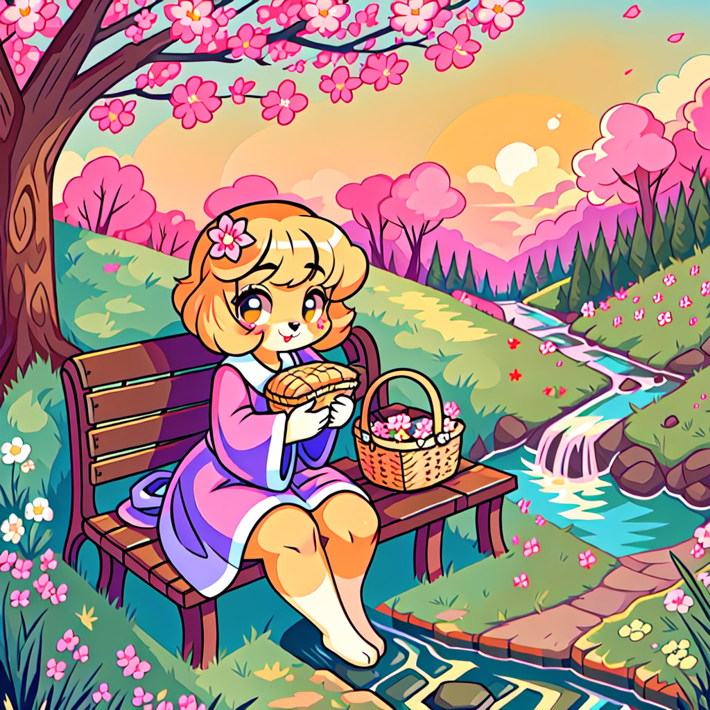 Solo_female,1930s (style), kawaii, outdoor, high_resolution, digital_art,|,a flowery field on a cool spring afternoon next to a brook| old blankets, bench, picnic, ruck_sack, basket, sack|,vectorstyle