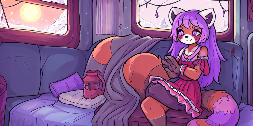 1930s (style), kawaii, female_solo ,oil_lanterns, inside a broken down dirty,  old abandoned train car with the soft winter sun shinning softy through the front windows, old blankets, bench,old mattress, red_panda, violet_fur, long_lavender_hair, sapphire_eyes, anthromorph, cute_fang, bed_head, curvy_figure, body scars, indoors, , boho_dress, streaked_hair, sleepy, happy_face, cute, ripped_clothing, poor, winter_clothes, sack, gloves, arms_crossed,stained clothes,teenage, crossed_legs_(sitting), sickness,ruck_sack