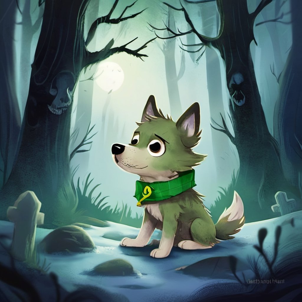 (masterpiece, best quality, ultra-detailed, 8K) A small, trembling wolf pup with shaggy fur the color of sage green, lost in a foggy and haunted forest. Its eyes dart around nervously, searching for a way out. SuddeaA small, trembling wolf pup with shaggy fur the color of sage green, lost in a foggy and haunted snow-covered forest. Its eyes dart around nervously, searching for a way out. Suddenly, it spots a graveyard in the distance, sending shivers down its spine. The pup clutches onto its old, tattered green neck bandana for comfort, but it knows it's in for a spooky adventure. only, it spots a graveyard in the distance, sending shivers down its spine. The pup clutches onto its old, tattered green neck bandana for comfort, but it knows it's in for a spooky adventure.