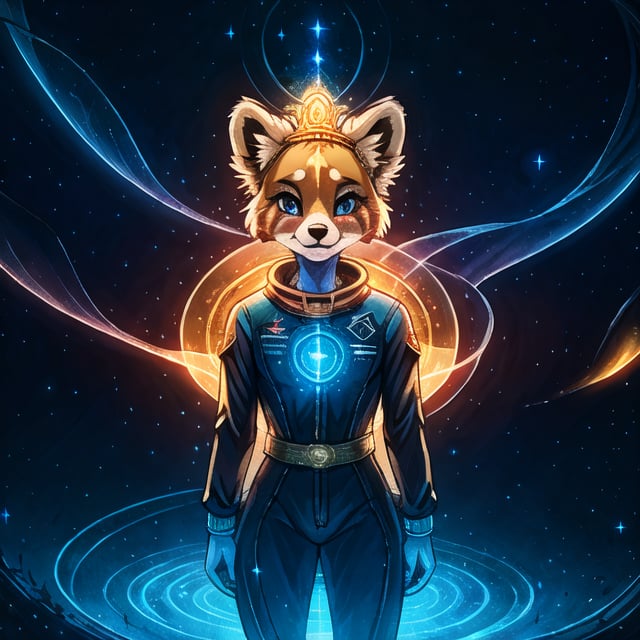 Galali, a male kawaii furry suit of a red panda golden retriever hybrid with glowing celestial constellation markings fully body portray wearing a bohemian space suit, with Sami symbolism embroidered on his shirt, surrounded by the dieselpunk space station orbiting Uranus, complex lighting and shadows, Cute and fluffy, Brass jewelry, shiny, sunlight fractal details, depth of field, detailed gorgeous face, Sci-Fi environment, natural body posture, professional photographer, captured with professional DSLR camera, 64k, ultra-detailed, ultra-accurate detailed, bokeh lighting, surrealism, ultra unreal engine, intricate, epic,fantasy_princess,Circle