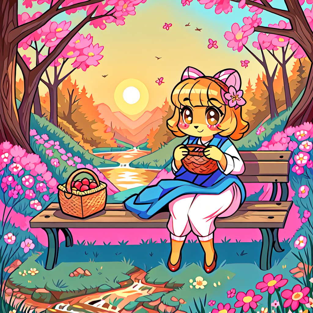 Solo_female,1930s (style), kawaii, outdoor, high_resolution, digital_art,|,a flowery field on a cool spring afternoon next to a brook| old blankets, bench, picnic, ruck_sack, basket, sack|,vectorstyle