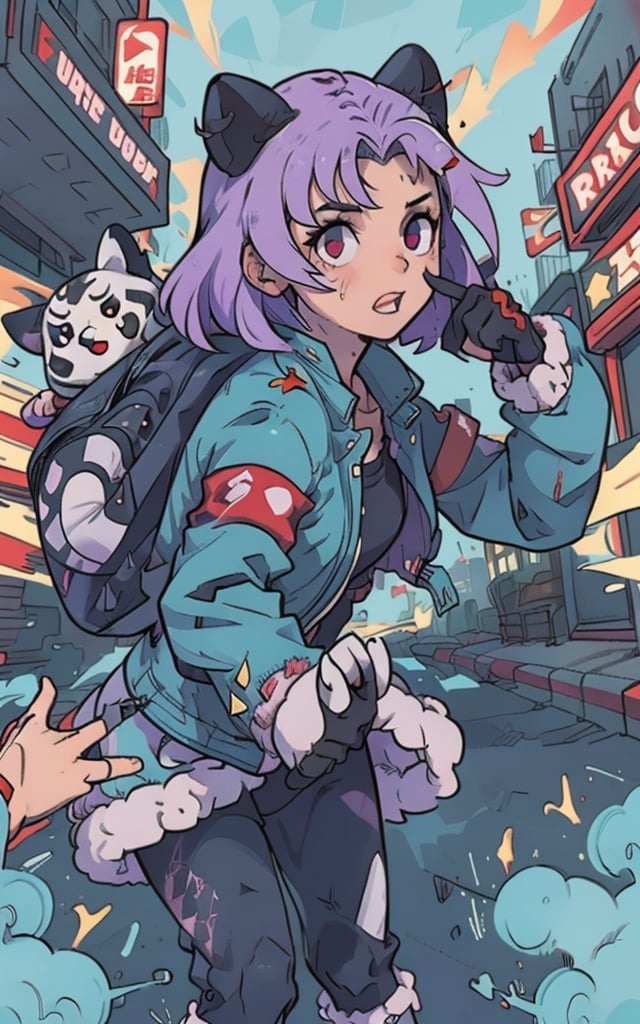 Comic, kawaii, master piece, beautiful girl in an abandoned zombie filled city, red_panda, paw_gloves, Fur_boots, animal_marking, face_paint, chocolate_hair, violet_eyes, furry_jacket,yofukashi background, zombies,hinata,1990s \(style\),kusanagi motoko,city,chundef, action_pose, battle_stance, back_pack,running,teenage , ripped_clothing, bloody_clothes, sweatpants,Circle,vectorstyle, happy_face, hungry,cammy sf6,c.c.,manga,manwha,chara-sheet