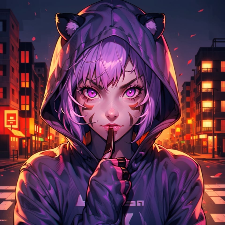 mater piece, beautiful girl in an abandoned town, red_panda, paw_gloves, Fur_boots, animal_marking, face_paint, chocolate_hair, violet_eyes, furry_jacket,yofukashi background, zombies,hinata,1990s \(style\),kusanagi motoko