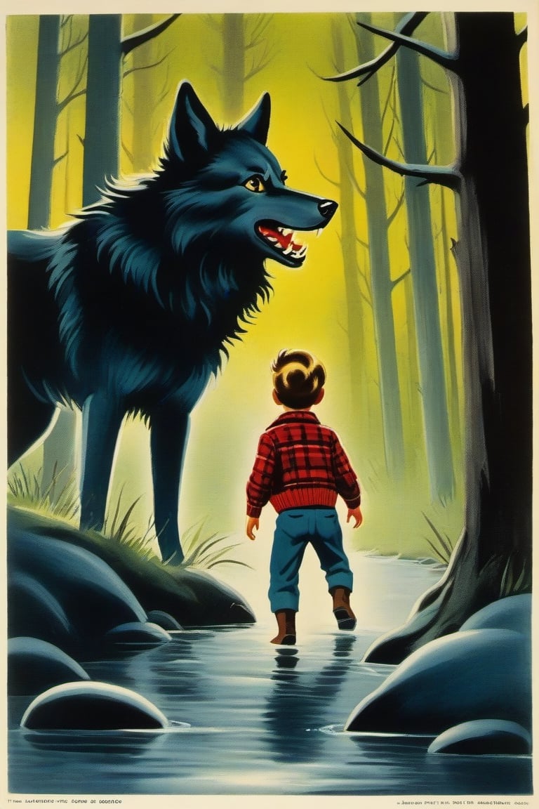 a 1950s movie poster for a 1920s Juvenile horror book cover for Title: The Howl of the Wendigo Series: The Wolves of Blood Creek, by J.R. Ghostwood,Xxmix_Catecat