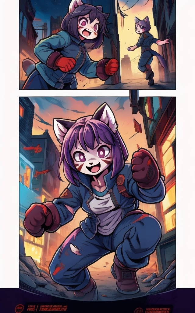 Comic, kawaii, master piece, beautiful girl in an abandoned zombie filled city, red_panda, paw_gloves, Fur_boots, animal_marking, face_paint, chocolate_hair, violet_eyes, furry_jacket,yofukashi background, zombies,hinata,1990s \(style\),kusanagi motoko,city,chundef, action_pose, battle_stance, back_pack,running,teenage , ripped_clothing, bloody_clothes, sweatpants,Circle,vectorstyle, happy_face, hungry,cammy sf6,c.c.,manga,manwha,chara-sheet,comic