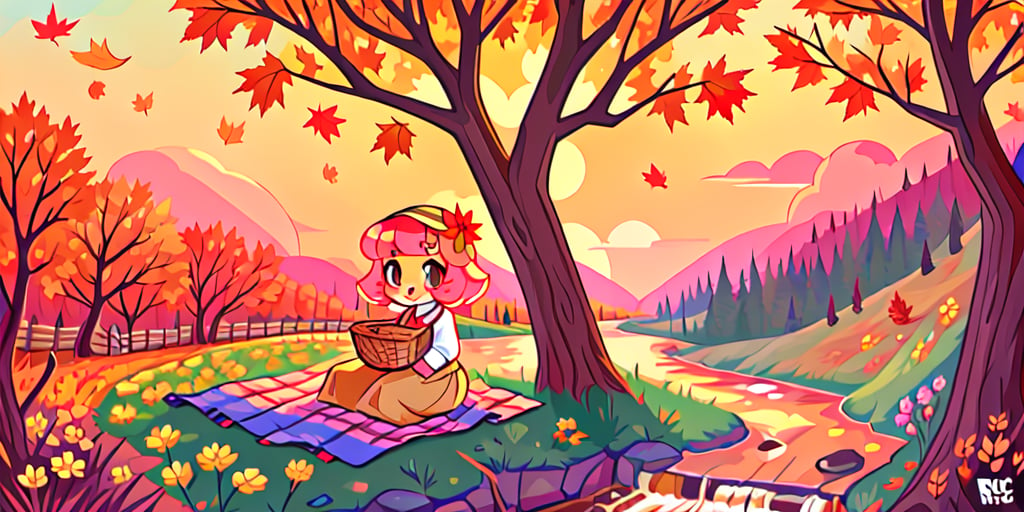 Solo_female,1930s (style), kawaii, outdoor, high_resolution, digital_art,|,a flowery field on a cool autumn afternoon next to a brook| old blankets, bench, picnic, ruck_sack, basket, sack|,vectorstyle