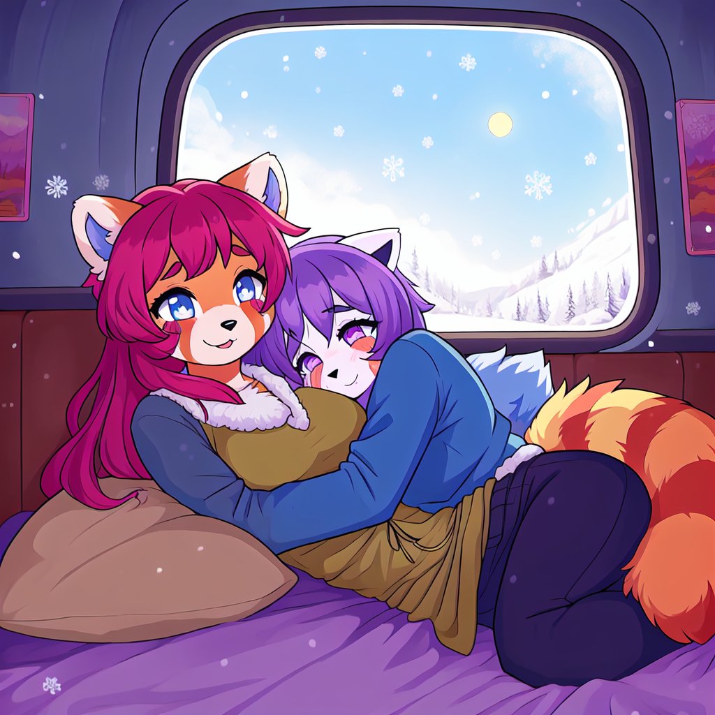 1930s (style), kawaii, inside a peaceful and relaxing  old abandoned train car with the soft winter sun shinning softy through the front windows, red_panda, long_lavender_hair, sapphire_eyes, anthromorph, high_resolution, digital_art, cute_fang, bed_head, curvy_figure, body scars, female, indoors, blue_fur, boho_dress, streaked_hair, sleepy, hugging_knees, happy_face, cute_fang, cute, sleeping, ripped_clothing, poor, winter_clothes