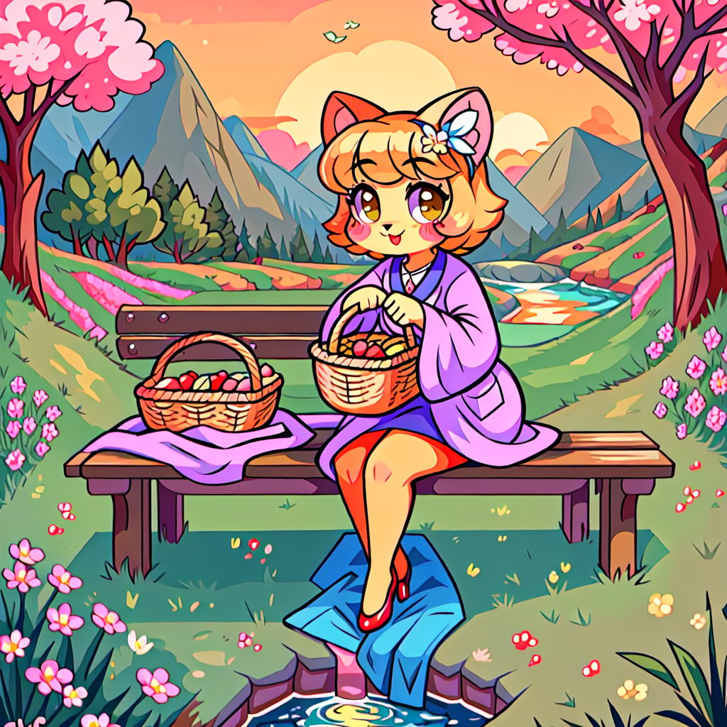 Solo_female,1930s (style), kawaii, outdoor, high_resolution, digital_art,|,a flowery field on a cool spring afternoon next to a brook| old blankets, bench, picnic, ruck_sack, basket, sack|,vectorstyle