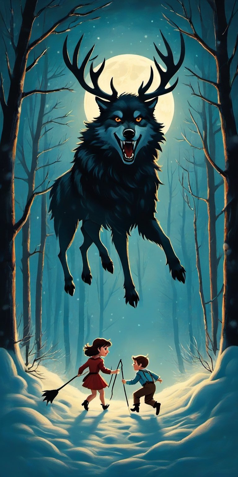 Create a captivating and whimsical 1950s movie poster for a 1920s juvenile horror/humor novel titled "The Howl of the Wendigo," part of the series "The Wolves of Blood Creek" by J.R. Ghostwood.