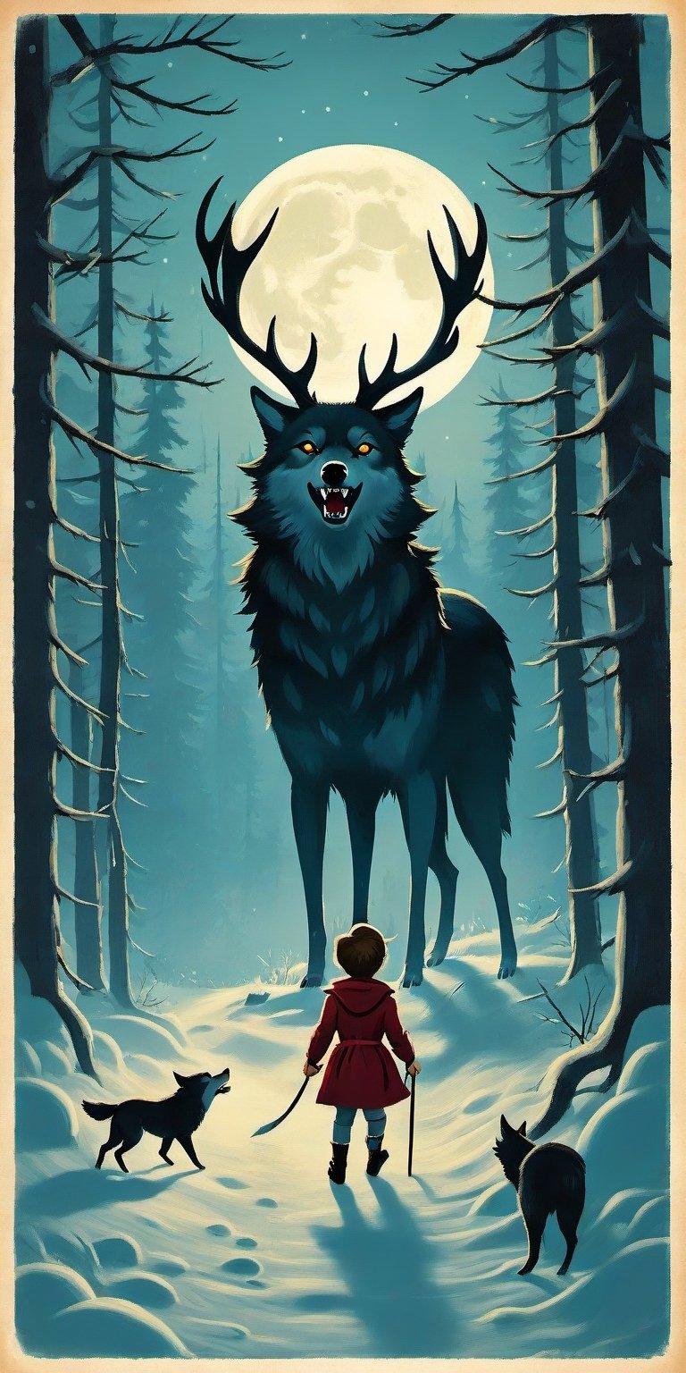 Create a captivating and whimsical 1950s movie poster for a 1920s juvenile horror/humor novel titled "The Howl of the Wendigo," part of the series "The Wolves of Blood Creek" by J.R. Ghostwood.