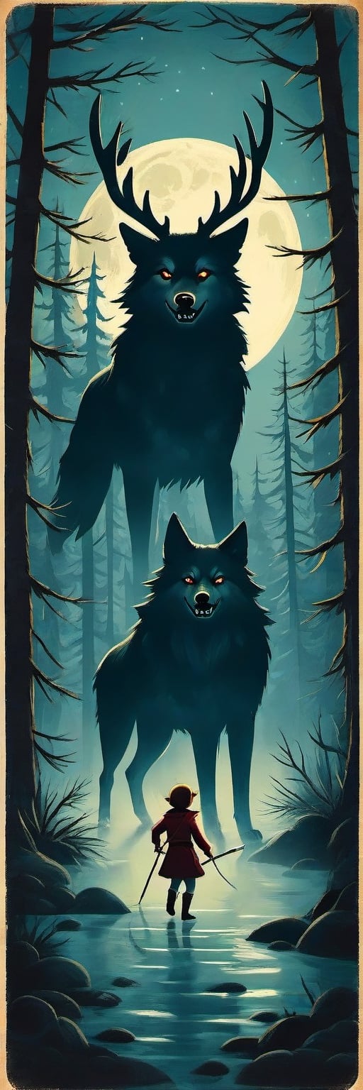 Create a captivating and whimsical a 1950s movie poster for a 1920s  for the juvenile horror/humor novel titled "The Howl of the Wendigo," part of the series "The Wolves of Blood Creek" by J.R. Ghostwood.