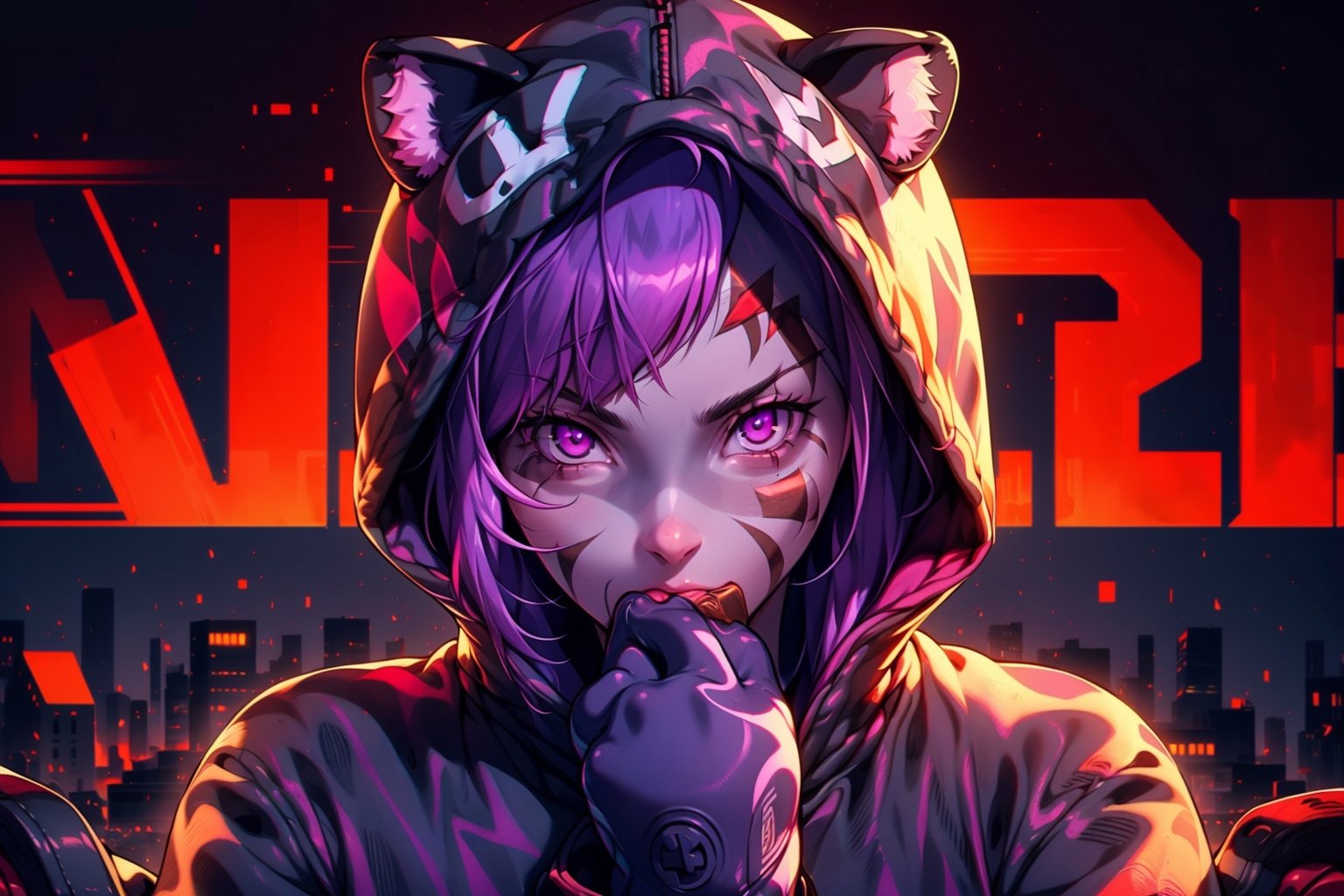 mater piece, beautiful girl in an abandoned town, red_panda, paw_gloves, Fur_boots, animal_marking, face_paint, chocolate_hair, violet_eyes, furry_jacket,yofukashi background, zombies,hinata,1990s \(style\),kusanagi motoko