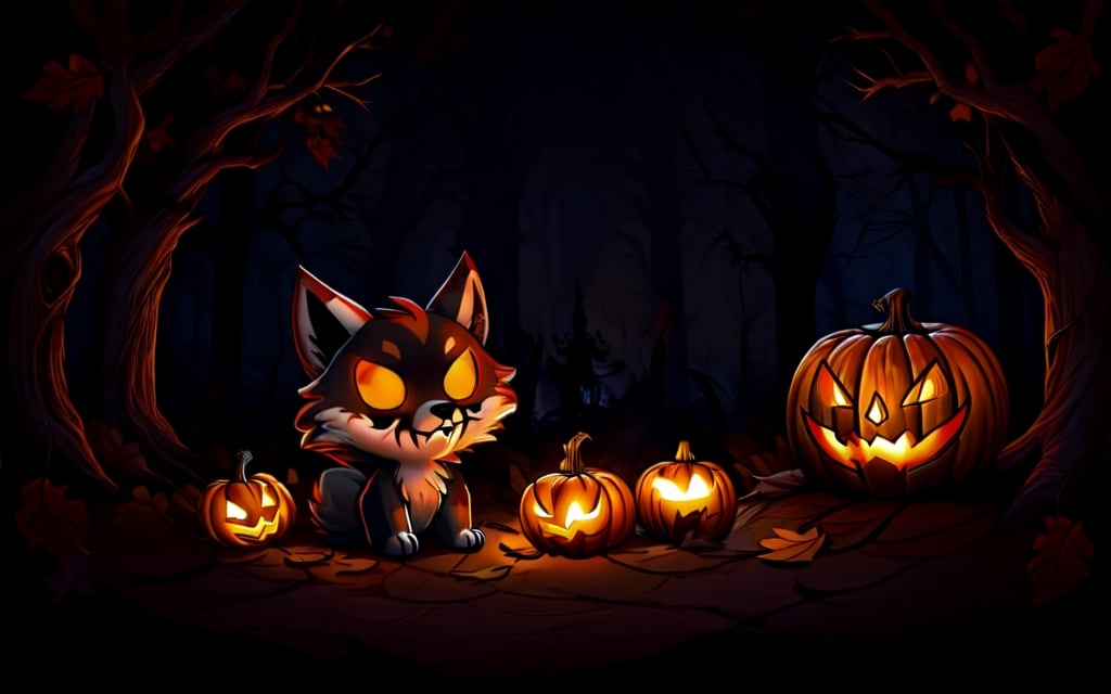 Comic_Strip, a cute scared wolf pup lost in a haunted forest, autumn_leaves, wolf, chibi, night, spooky,cute00d,Jack o 'Lantern