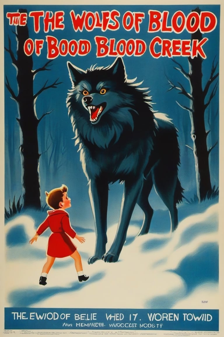 a 1950s movie poster for a 1920s Juvenile horror movie for Title: The Howl of the Wendigo Series: The Wolves of Blood Creek, by J.R. Ghostwood,Xxmix_Catecat