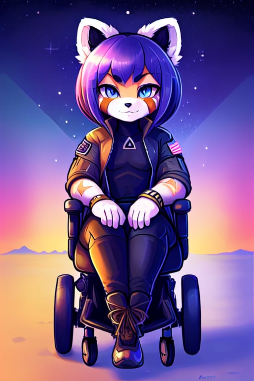 1930s (style),furry, kawaii, red_panda, ancient_egyptian, lavender_hair, blue_eyes, anthromorph, high_resolution, digital_art, cute_fang, golden_jewelry, messy_hair, curvy_figure, body scars, male, space suite, future, soldier, ,kusanagi motoko, city, wheelchair, outer_space, space_ship