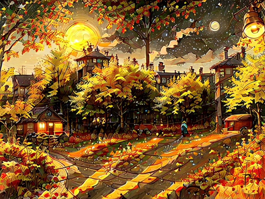 1930s (style),a cabins;s surrounded by fall maple trees on a star-filled  night Sketch, autumn_leaves, star_(sky),Lofi,LOFI,cassdawnlvl1,day,EpicArt