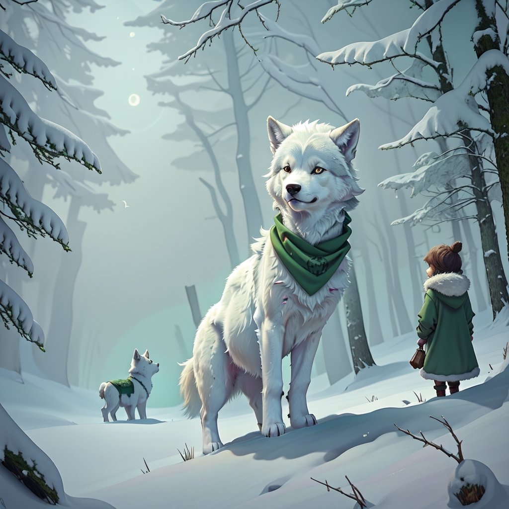 A small, trembling wolf pup with shaggy fur the color of sage green, lost in a foggy and haunted snow covered forest. Its eyes dart around nervously, searching for a way out. Suddenly, it spots a graveyard in the distance, sending shivers down its spine. The pup clutches onto its old, tattered green neck bandana for comfort, but it knows it's in for a spooky adventure.