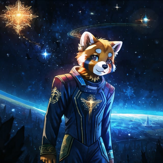 Galali, a male kawaii furry suit of a red panda golden retriever hybrid with glowing celestial constellation markings fully body portray wearing a bohemian space suit, with Sami symbolism embroidered on his shirt, surrounded by the dieselpunk space station orbiting Uranus, complex lighting and shadows, Cute and fluffy, Brass jewelry, shiny, sunlight fractal details, depth of field, detailed gorgeous face, Sci-Fi environment, natural body posture, professional photographer, captured with professional DSLR camera, 64k, ultra-detailed, ultra-accurate detailed, bokeh lighting, surrealism, ultra unreal engine, intricate, epic,fantasy_princess,Circle,outfit