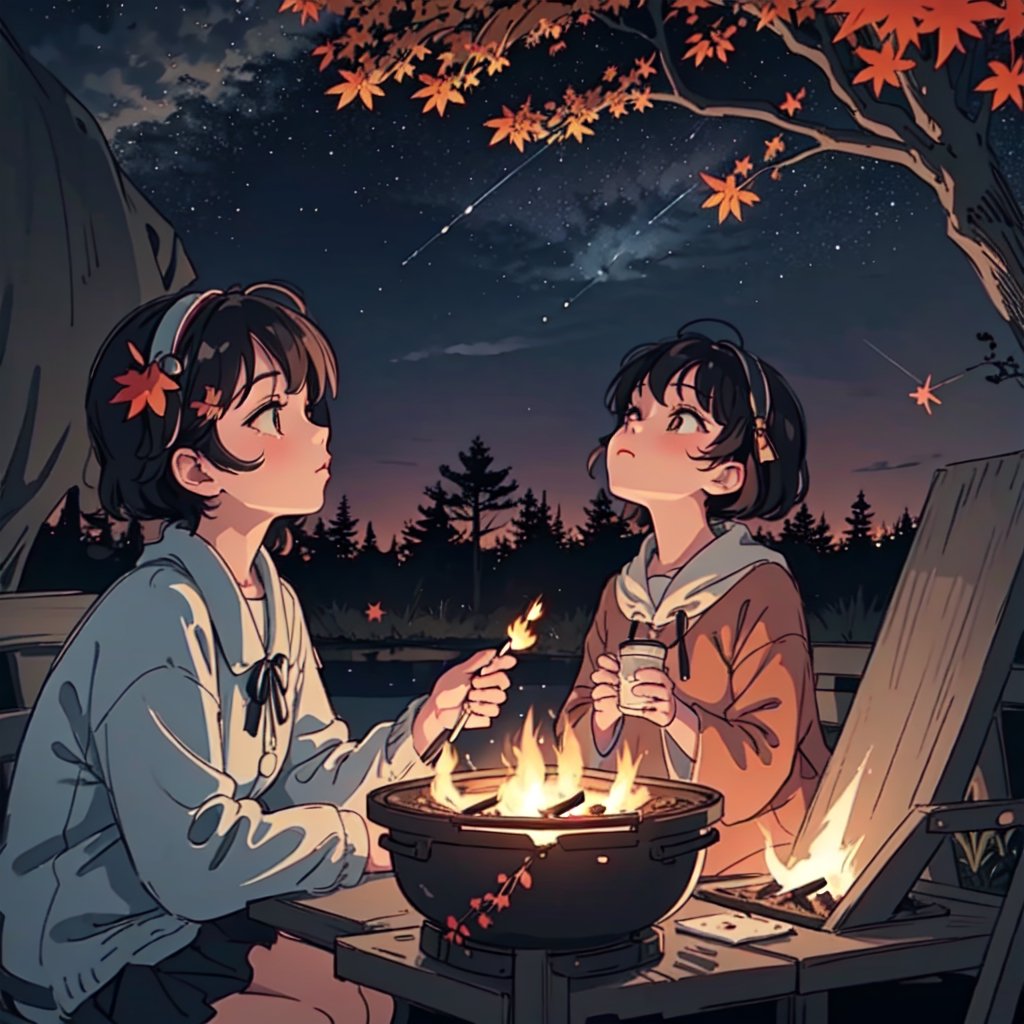 1930s (style), a loli girl roasting marshmallows over a campfire looking up at a stary night surrounded by maple trees, Sketch, autumn_leaves, star_(sky),Lofi,LOFI,cassdawnlvl1,day,EpicArt