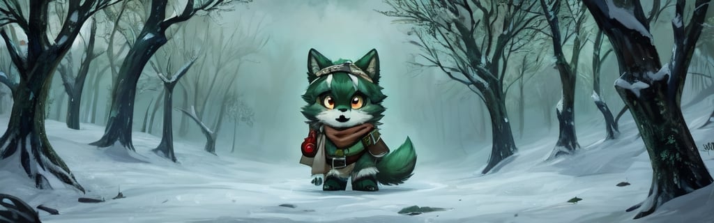 Masterpiece, A small, trembling wolf pup with shaggy fur the color of sage green, lost in a foggy and haunted snow covered forest. Its eyes dart around nervously, searching for a way out. Suddenly, it spots a graveyard in the distance, sending shivers down its spine. The pup clutches onto its old, tattered green neck bandana for comfort, but it knows it's in for a spooky adventure.,chibi