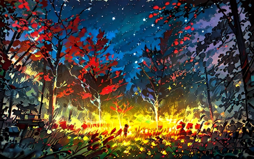 a campfire surrounded by fall maple trees on a star-filled  night Sketch, autumn_leaves, star_(sky),Lofi