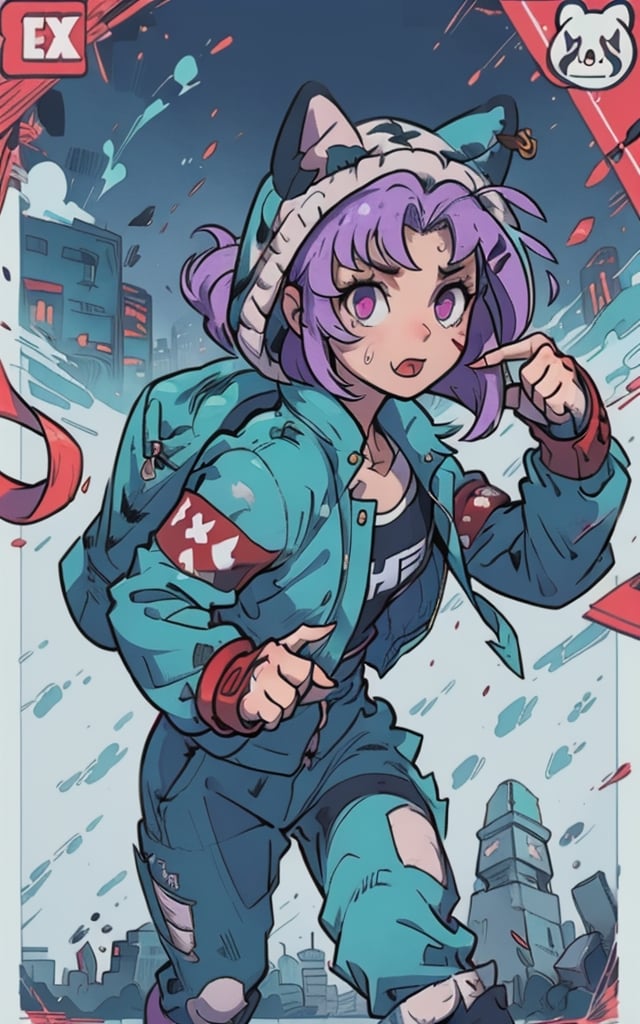 Comic, kawaii, master piece, beautiful girl in an abandoned zombie filled city, red_panda, paw_gloves, Fur_boots, animal_marking, face_paint, chocolate_hair, violet_eyes, furry_jacket,yofukashi background, zombies,hinata,1990s \(style\),kusanagi motoko,city,chundef, action_pose, battle_stance, back_pack,running,teenage , ripped_clothing, bloody_clothes, sweatpants,Circle,vectorstyle, happy_face, hungry,cammy sf6,c.c.,manga,manwha,chara-sheet