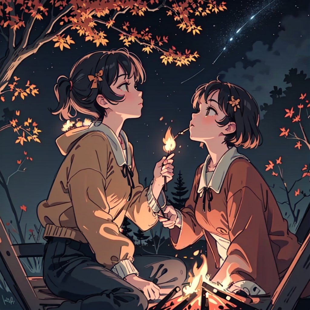 1930s (style), a loli girl roasting marshmallows over a campfire looking up at a stary night surrounded by maple trees, Sketch, autumn_leaves, star_(sky),Lofi,LOFI,cassdawnlvl1,day,EpicArt