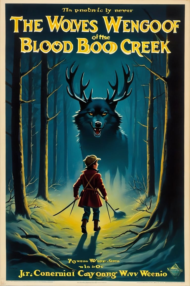 a 1950s movie poster for a 1920s Juvenile horror movie for Title: The Howl of the Wendigo Series: The Wolves of Blood Creek, by J.R. Ghostwood,Xxmix_Catecat