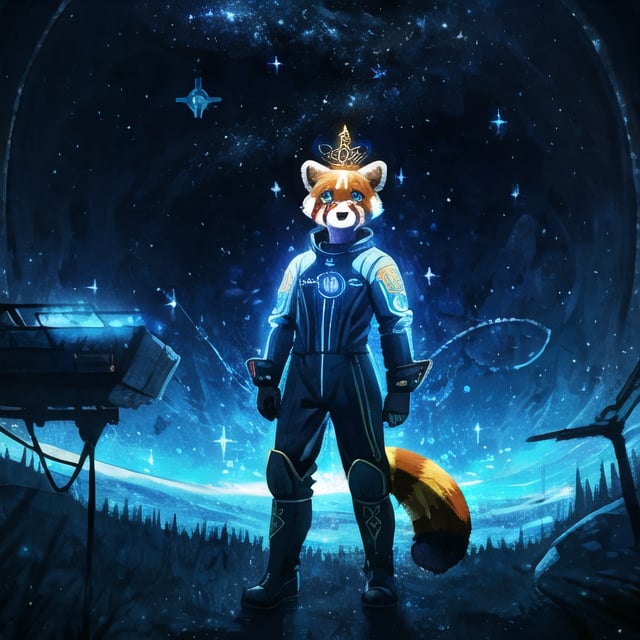 Galali, a male kawaii furry suit of a red panda golden retriever hybrid with glowing celestial constellation markings fully body portray wearing a bohemian space suit, with Sami symbolism embroidered on his shirt, surrounded by the dieselpunk space station orbiting Uranus, complex lighting and shadows, Cute and fluffy, Brass jewelry, shiny, sunlight fractal details, depth of field, detailed gorgeous face, Sci-Fi environment, natural body posture, professional photographer, captured with professional DSLR camera, 64k, ultra-detailed, ultra-accurate detailed, bokeh lighting, surrealism, ultra unreal engine, intricate, epic,fantasy_princess,Circle,outfit