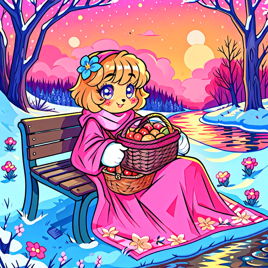 Solo_female,1930s (style), kawaii, outdoor, high_resolution, digital_art,|,a flowery field on a cold winter afternoon next to a brook| old blankets, bench, picnic, ruck_sack, basket, sack|,vectorstyle