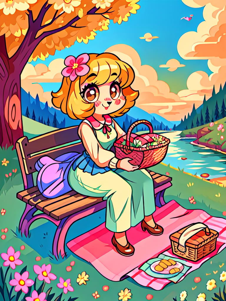 Solo_female,1930s (style), kawaii, outdoor, high_resolution, digital_art,|,a flowery field on a cool summer afternoon next to a brook| old blankets, bench, picnic, ruck_sack, basket, sack|,vectorstyle