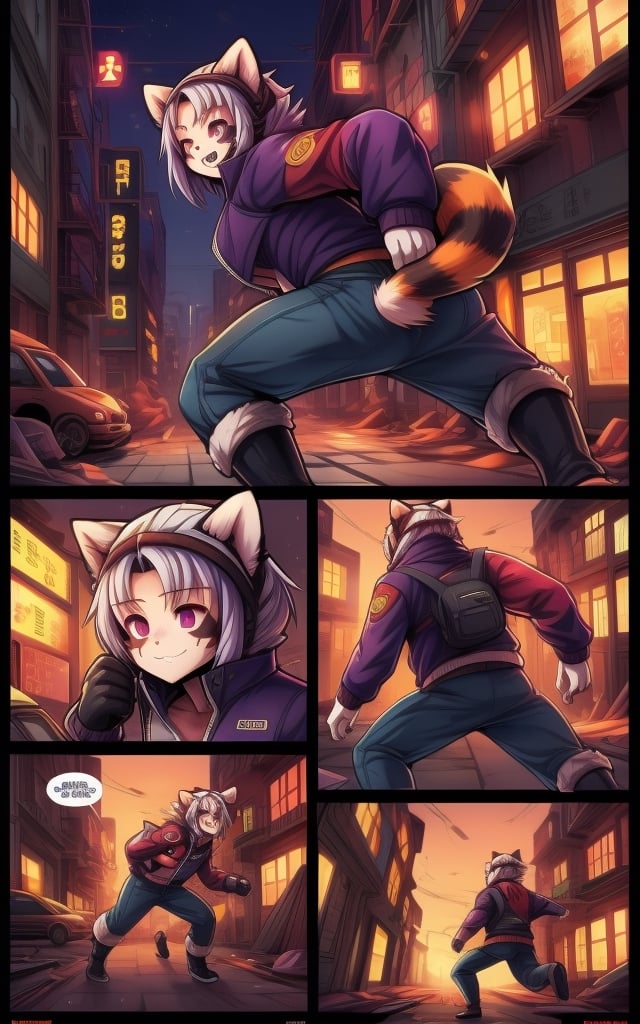 Comic, kawaii, master piece, beautiful girl in an abandoned zombie filled city, red_panda, paw_gloves, Fur_boots, animal_marking, face_paint, chocolate_hair, violet_eyes, furry_jacket,yofukashi background, zombies,hinata,1990s \(style\),kusanagi motoko,city,chundef, action_pose, battle_stance, back_pack,running,teenage , ripped_clothing, bloody_clothes, sweatpants,Circle,vectorstyle, happy_face, hungry,cammy sf6,c.c.,manga,manwha,chara-sheet