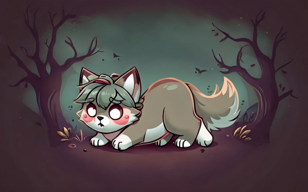 a cute scared wolf pup with sage colored fur lost in a haunted forest, Chibi, sage