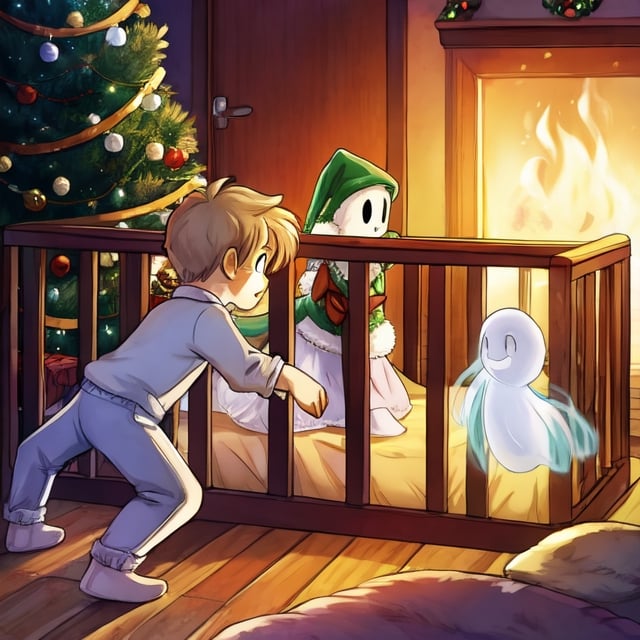 A young girl in a crib being visited by three ghost of christmass.