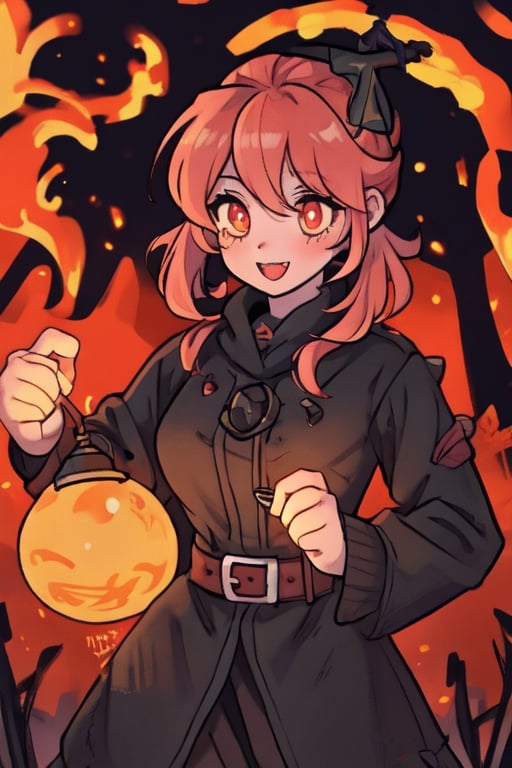 a cute and cheerful female Welsh 13th-century grave digger during the black plague with short strawberry blonde hair and ponytails and glowing ember eyes casting ghostly fire magic with an old magical miners lamp, in a haunted mountain town. kawaii, plague doctor