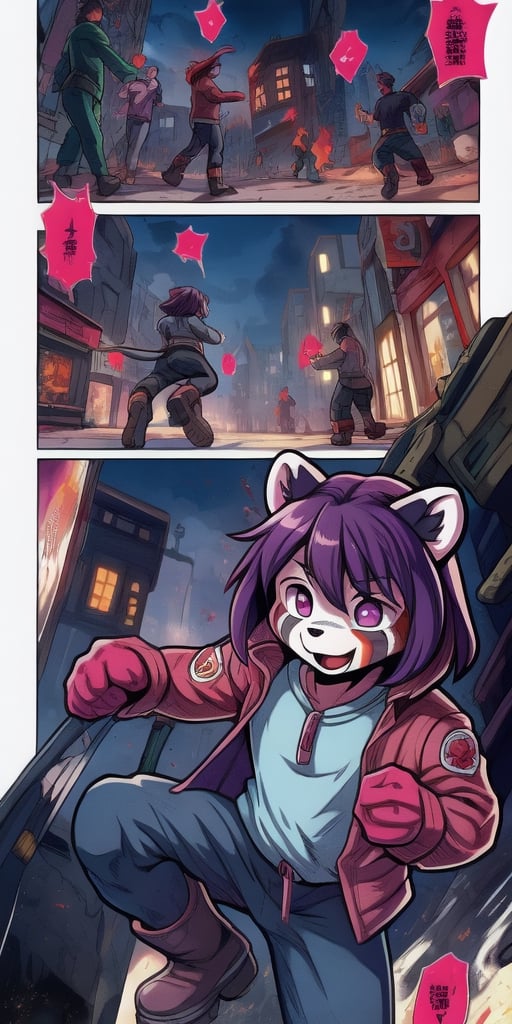 1930s (style), Comic, kawaii, master piece, beautiful boy in an abandoned zombie filled city, red_panda, paw_gloves, Fur_boots, animal_marking, face_paint, chocolate_hair, violet_eyes, furry_jacket,yofukashi background, zombies,hinata,1990s \(style\),kusanagi motoko,city,chundef, action_pose, battle_stance, back_pack,running,teenage , ripped_clothing, bloody_clothes, sweatpants,Circle,vectorstyle, happy_face, hungry,cammy sf6,c.c.,manga,manwha,chara-sheet, animal_tail,comic