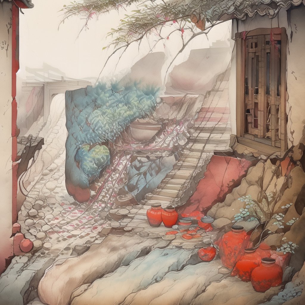 The Happy Bones Orphanage, a two-story Shotgun house with peeling paint and shattered windows, perched on the edge of a rugged canyon overlooking a cascading waterfall, kawaii, 1930s (style),isometric,ChineseWatercolorPainting