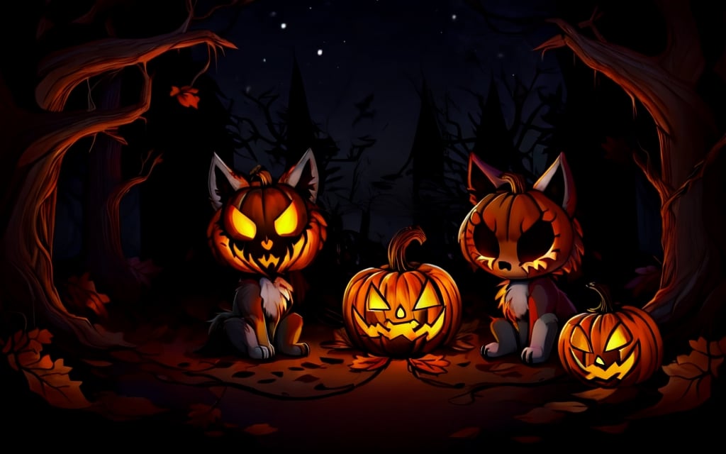 Comic_Strip, a cute scared wolf pup lost in a haunted forest, autumn_leaves, wolf, chibi, night, spooky,cute00d,Jack o 'Lantern